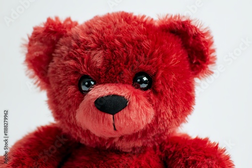 Close-up of a red teddy bear with shiny black eyes and a whimsical expression, isolated on a white background to capture its charm.