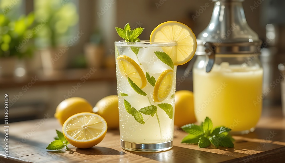 Refreshing Lemonade Sunlit Glass with Lemon Slices and Mint Refreshing Lemonade Sunlit Glass with Lemon Slices and Mint