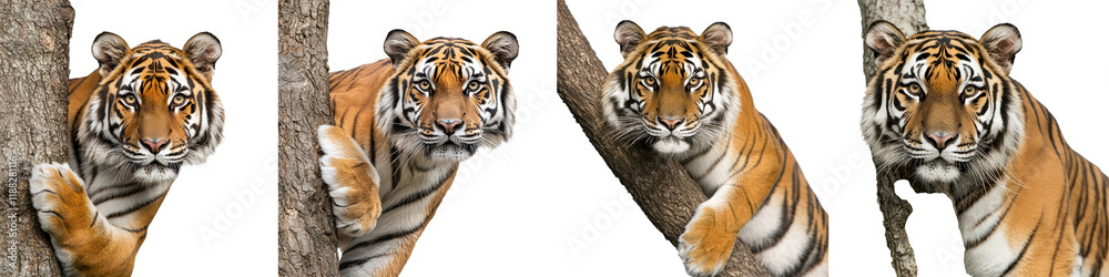 Obraz premium Powerful and Majestic Bengal Tiger Hiding Behind Tree Trunk in Dense Forest Watchfully Observing Potential Prey with Intense Gaze