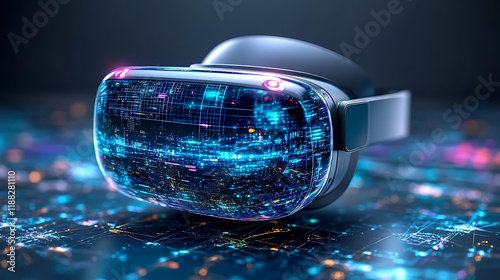 A virtual reality headset with an abstract futuristic city visible in the lenses