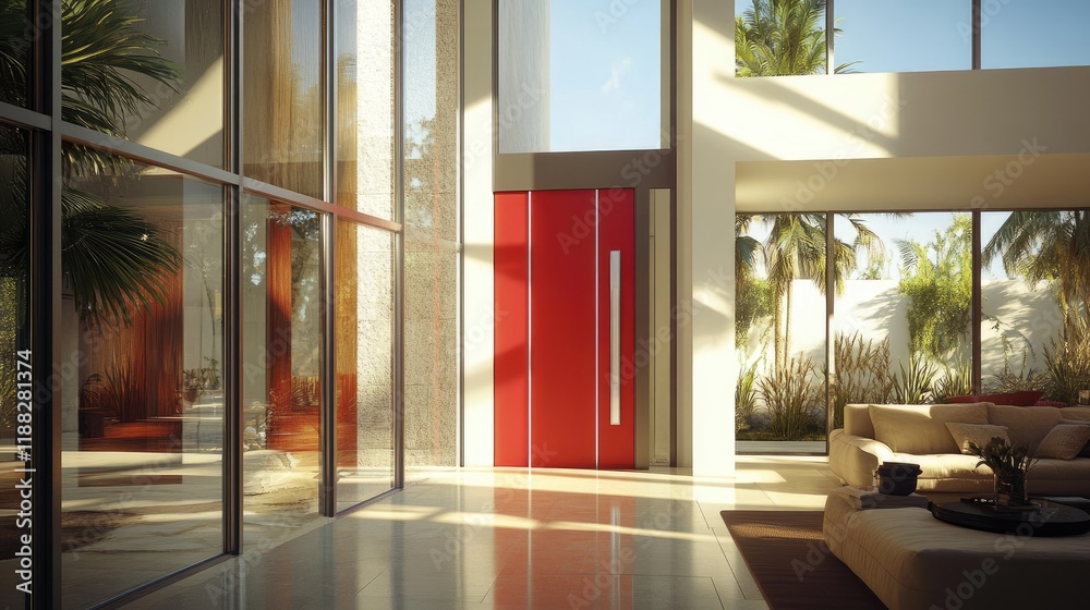 Obraz premium A vibrant red door set against white walls in a contemporary living space.