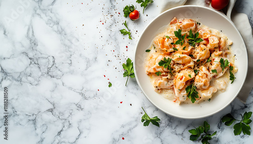 A beautifully plated salad bowl featuring fresh vegetables on a marble countertop. The scene is appetizing and elegant. copy space are. photo