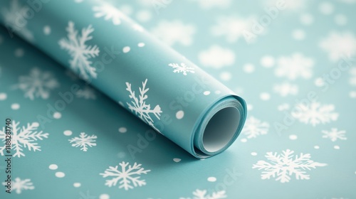 Snowflake Patterned Wrapping Paper in Blue and White on Pale Green Background, festive design for holiday gifting and celebrations photo