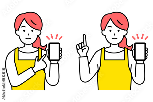 スマートフォンの画面を見せて説明するエプロン姿の女性　セット