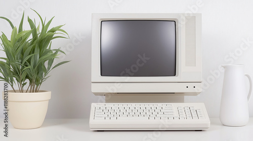 Vintage computer on desk, Living room with white wall