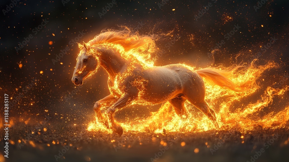 Majestic fiery horse running through glowing ember field Majestic fiery horse running through glowing ember field