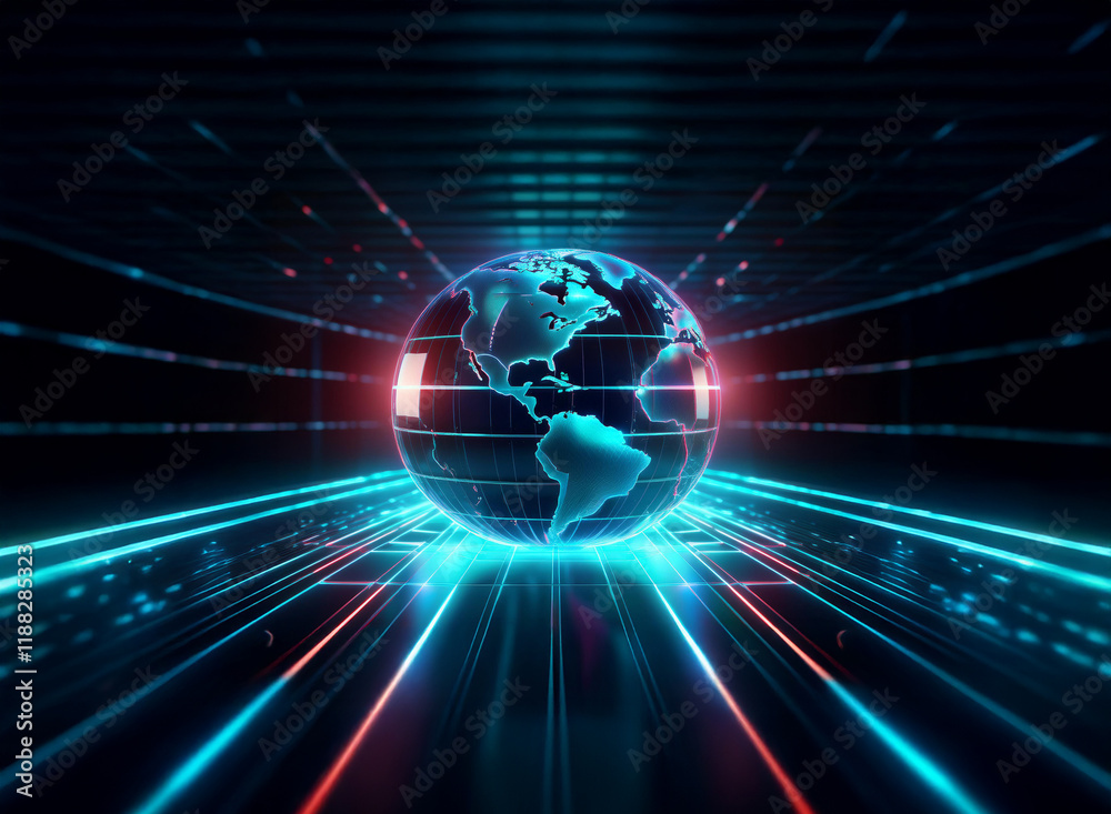Obraz premium A digital rendering of Earth, glowing vibrantly within a futuristic, gridded tunnel of light streams. The scene evokes feelings of global connectivity and technological advancement.