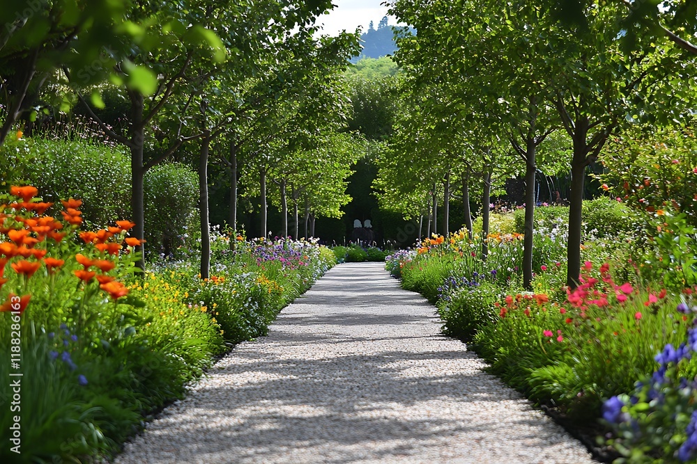An elegant garden with trees and flowers, featuring a long path lined by ornamental plants in various colors An elegant garden with trees and flowers, featuring a long path lined by ornamental plants in various colors