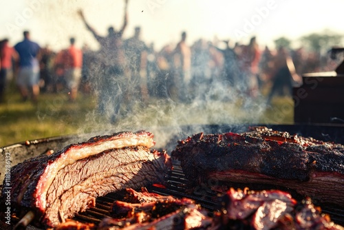 Juicy brisket sizzling on grill, surrounded by festive crowd enj photo