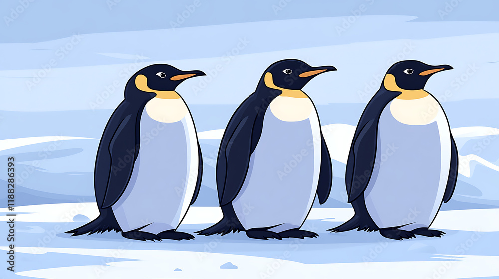 Fototapeta premium Three animated emperor penguins stand in a row on snow.