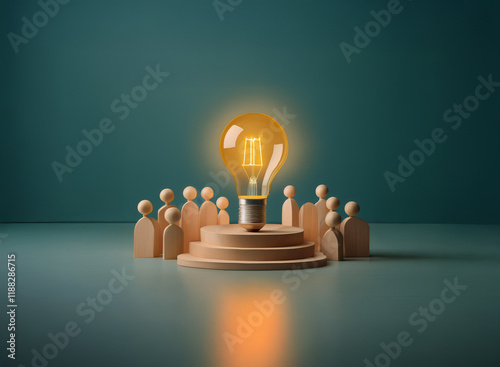 A glowing lightbulb on a wooden stage, surrounded by small figures, symbolizes a brilliant idea shared amongst a group.  It represents collaboration, innovation, and the power of collective intelligen photo