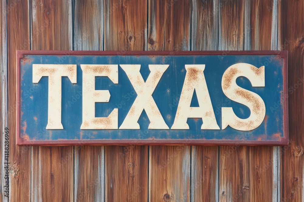 Rustic sign showcasing bold letters spelling Texas against weath Rustic sign showcasing bold letters spelling Texas against weath