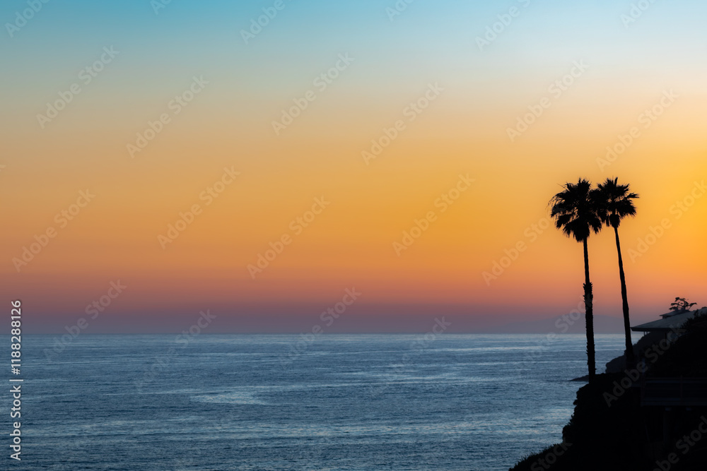 View of Summer Sunset from Cliff Above Cove in Laguna Beach, California, USA, no people, horizontal View of Summer Sunset from Cliff Above Cove in Laguna Beach, California, USA, no people, horizontal