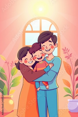 illustration of a small family hugging