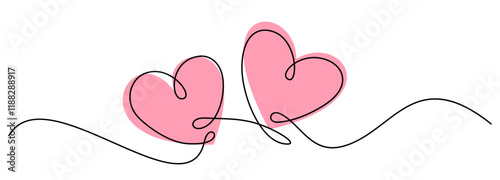 Two pink hearts connected with flowing black line art, symbolizing love and unity. Vector illustration for romantic themes.