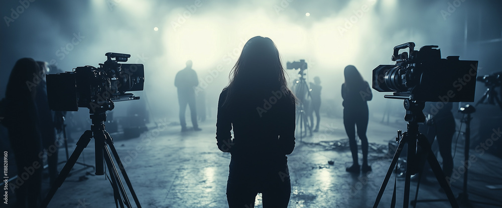 Fototapeta premium A cinematic movie scene with a film crew and cameras in the studio on the set of a professional production.
