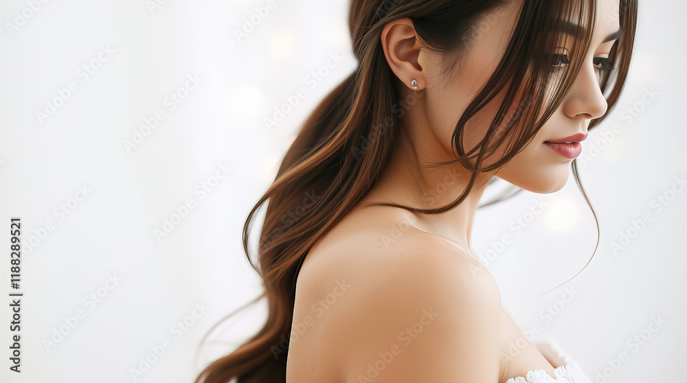 Portrait of beautiful female model from right side on blurred white background with pearlescent bokeh, skin care, body care, beauty salon Portrait of beautiful female model from right side on blurred white background with pearlescent bokeh, skin care, body care, beauty salon