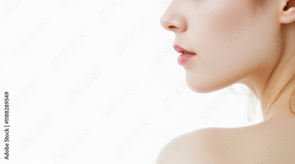 Portrait of beautiful female model from right side on blurred white background with pearlescent bokeh, skin care, body care, beauty salon Portrait of beautiful female model from right side on blurred white background with pearlescent bokeh, skin care, body care, beauty salon