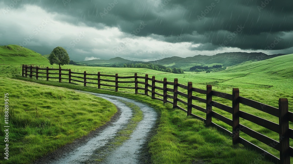 Winding Wooden Fence in Countryside, Stormy Skies Above, Capturing Nature's Tension and Serenity in a Rural Landscape Winding Wooden Fence in Countryside, Stormy Skies Above, Capturing Nature's Tension and Serenity in a Rural Landscape