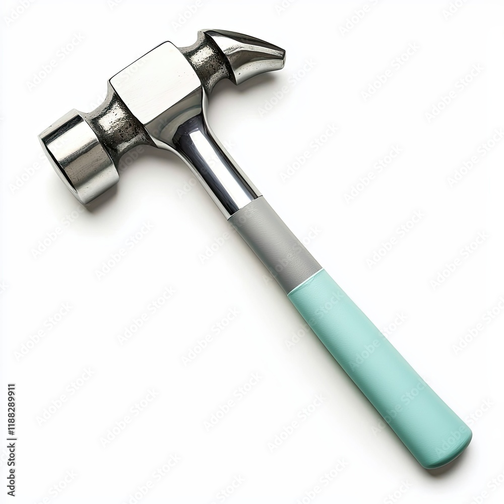 Isolated on white, pastel depiction of a steel hammer with a soft gray handle and light blue head, minimal and clean Isolated on white, pastel depiction of a steel hammer with a soft gray handle and light blue head, minimal and clean