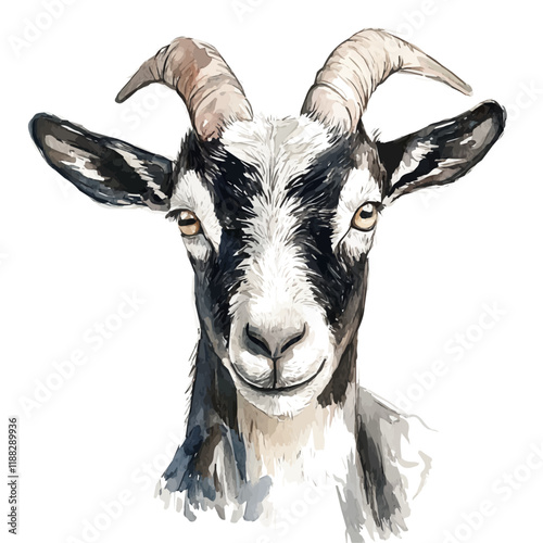 A watercolor vector painting of a goat, isolated on a white background. Goat vector.

