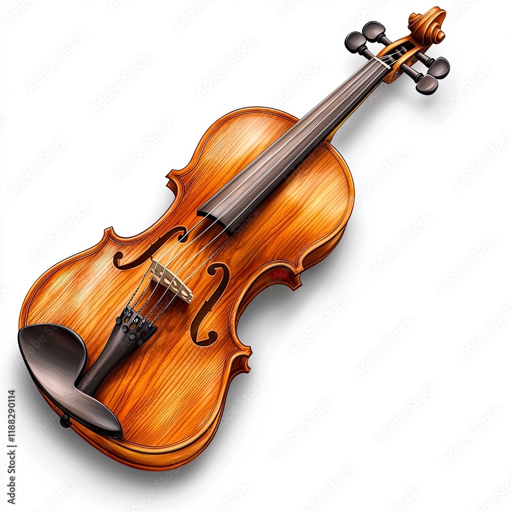 Fototapeta premium Isolated on white, watercolor illustration of a violin with elegant golden-brown wood tones, flowing artistic brushstrokes
