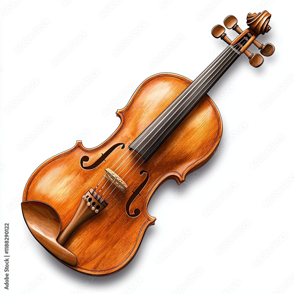 Fototapeta premium Isolated on white, watercolor illustration of a violin with elegant golden-brown wood tones, flowing artistic brushstrokes