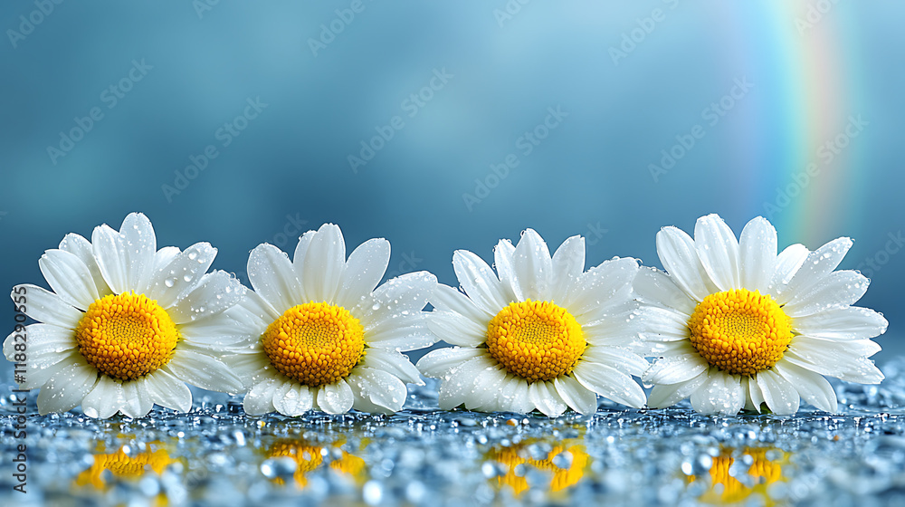 Obraz premium Four daisies in a row sit on a reflective surface, with a blurred blue background and a partial rainbow.