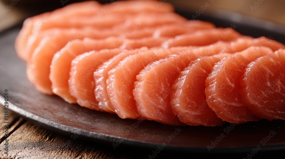 Fresh Slices of Raw Salmon on Dark Plate Fresh Slices of Raw Salmon on Dark Plate