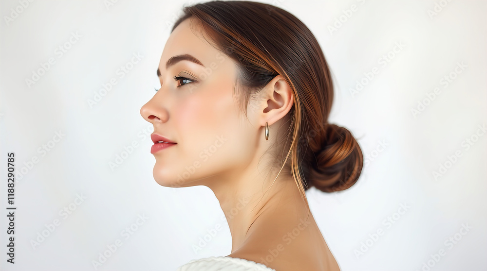Portrait of beautiful female model from right side on blurred white background with pearlescent bokeh, skin care, body care, beauty salon Portrait of beautiful female model from right side on blurred white background with pearlescent bokeh, skin care, body care, beauty salon