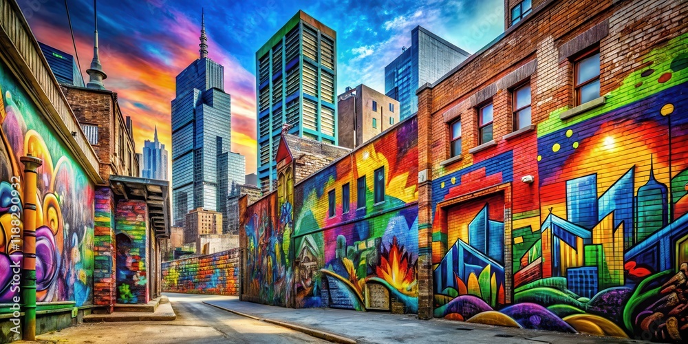 Naklejka premium Urban Landscape with Graffiti Art, bright colors, city life, bright colors, city life