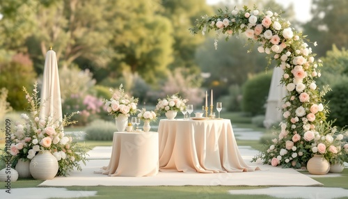 A luxurious outdoor wedding scene in a garden, showcasing three complementary colors: pastel sage, dusty rose, and warm cream