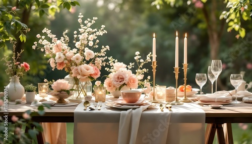 A serene garden wedding setup featuring a harmonious blend of three elegant colors: soft ivory, blush pink, and muted gold photo