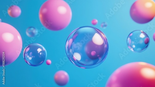 Abstract pastel pink and blue spheres floating on a light blue background.