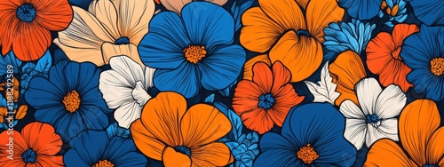 Obraz na płótnie Vibrant Floral Pattern Bold Orange Blue and Cream Flowers in Artistic Design w salonie