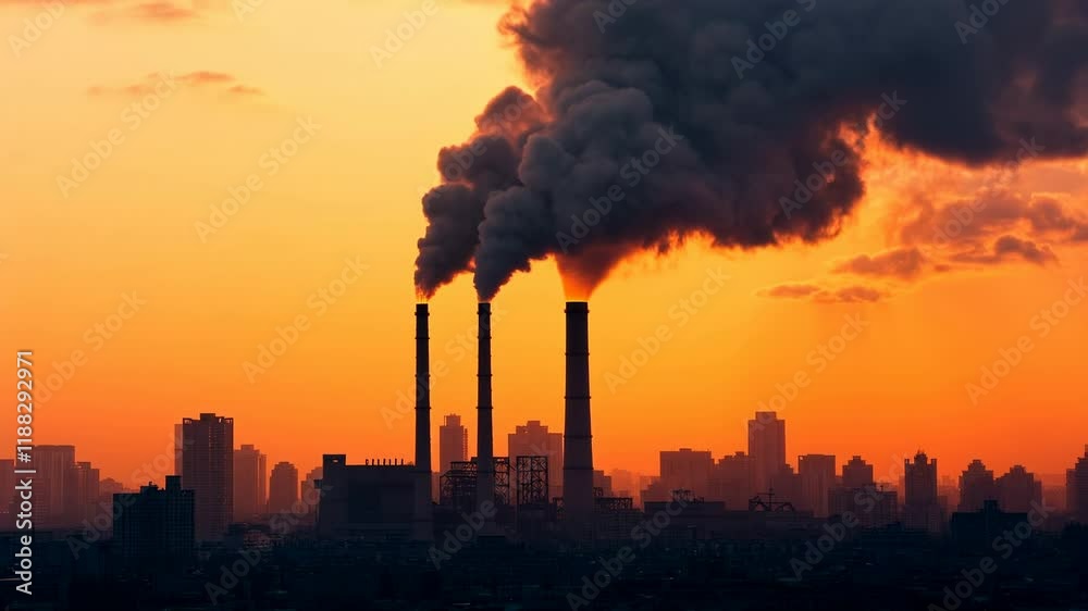 A factory releasing thick black smoke into the sky, the smokestacks and detailed clouds of pollution. sunset light background. A factory releasing thick black smoke into the sky, the smokestacks and detailed clouds of pollution. sunset light background.