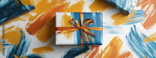 Obraz na płótnie Gift Wrapped Present with Blue and Gold Abstract Brushstrokes Design w salonie
