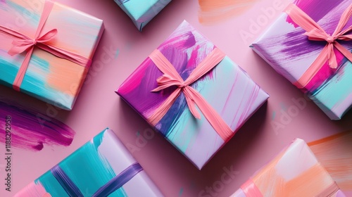 Colorful Abstract Painted Gift Boxes on Pink Background Festive Presents