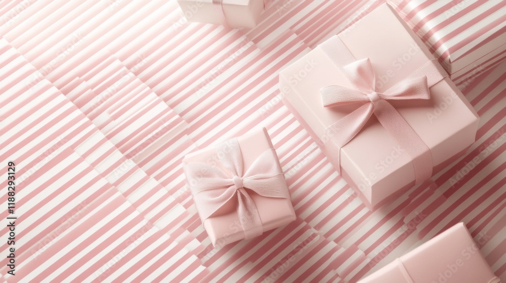 Elegant Pink Gift Boxes with Ribbons on Striped Paper Background