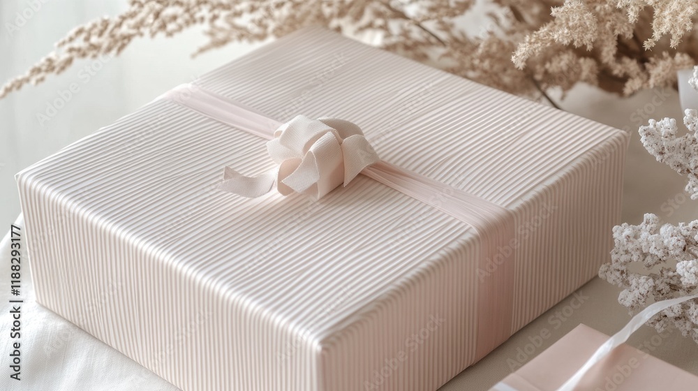 Elegant Pink Gift Box with Linen Ribbon Vertical Stripes Close Up