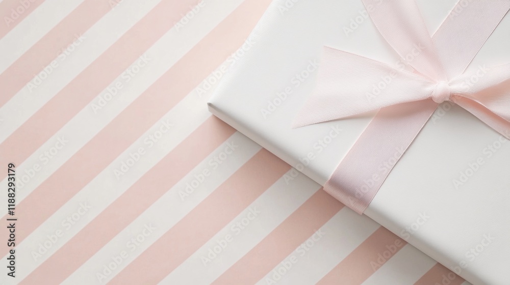 Elegant White Gift Box with Pink Ribbon on Striped Background Festive Present Concept