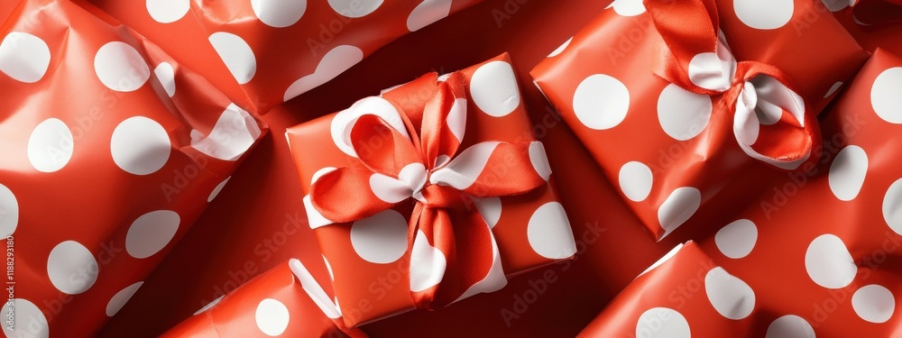 Red and White Polka Dot Gift Boxes with Red Ribbons Festive Holiday Presents Background