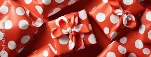 Obraz na płótnie Red and White Polka Dot Gift Boxes with Red Ribbons Festive Holiday Presents Background w salonie
