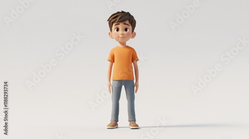 A cute cartoon boy in an orange shirt and grey pants stands against a white background.