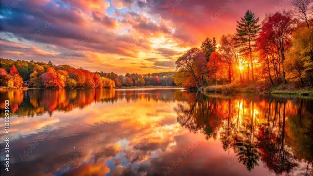 Fototapeta premium A warm orange-red sunset with a hint of purple, reflected in a calm lake, surrounded by tall trees with golden leaves, red, lake, red