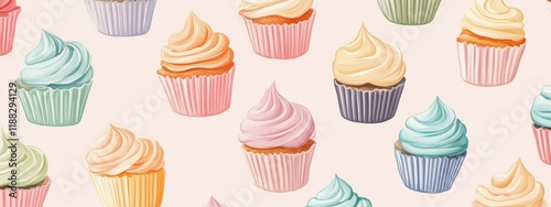 Delightful Pastel Cupcakes Seamless Pattern Watercolor Style Bakery Sweets Background