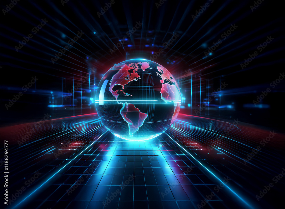 Obraz premium A translucent glass globe, glowing with vibrant red and blue light, floats above a futuristic digital landscape. Surrounding it are streaks of light and data streams, suggesting global connectivity a