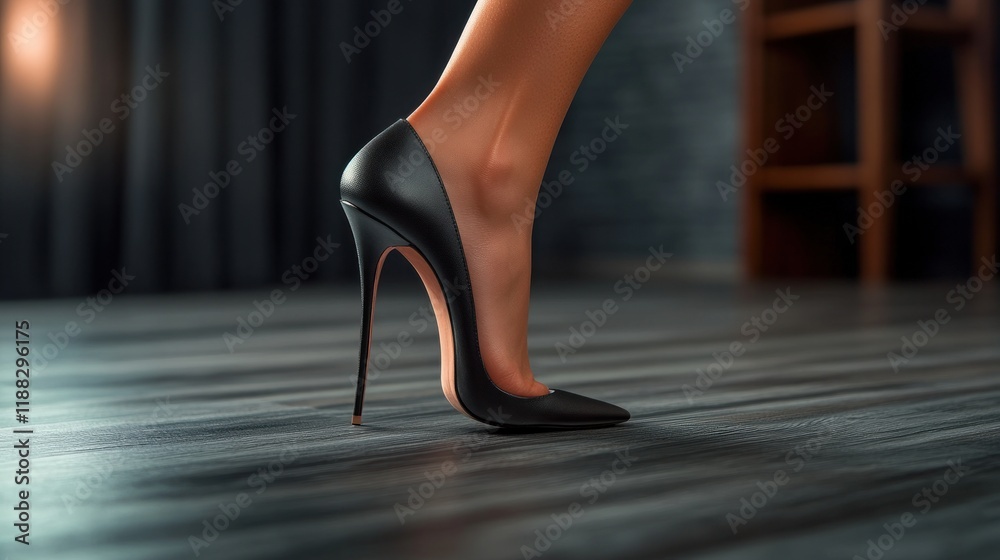 Elegant Black High Heels on Wooden Floor Elegant Black High Heels on Wooden Floor