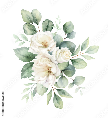 Watercolor vector arrangement with green eucalyptus leaves and white roses. Greenery clipart for wedding invitation, greeting cards, save the date, stationery design. Hand drawn illustration.