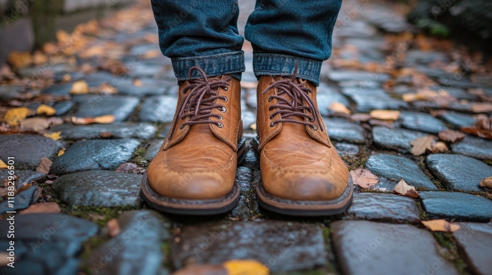 Brown leather boots on cobblestone path with autumn leaves Brown leather boots on cobblestone path with autumn leaves